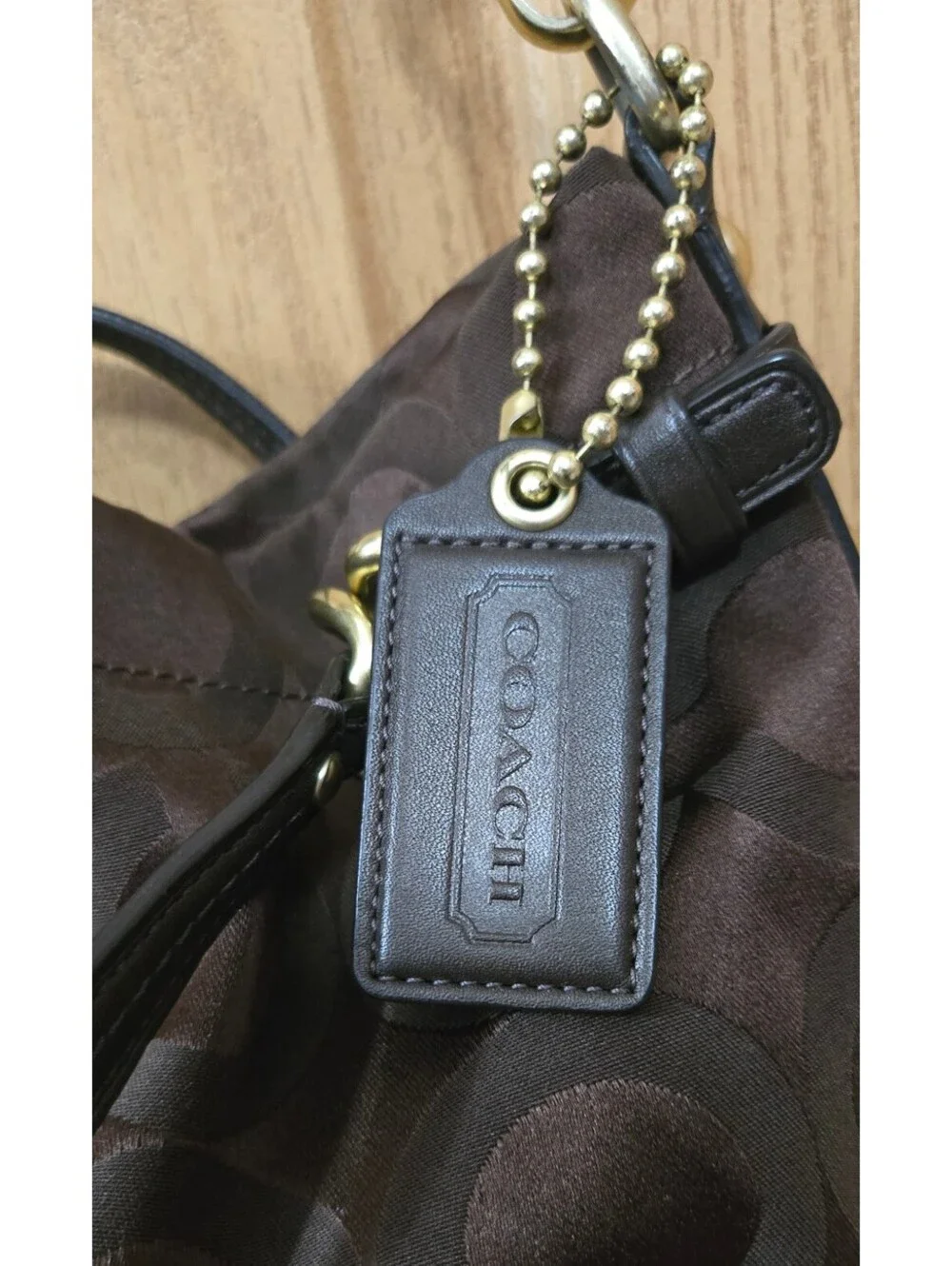 Coach Signature Brown Canvas and Leather Tote Bag with Gold Hardware and Purple-
